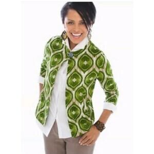 Chico's Green Ikat Print Linen Blazer Jacket Sz 0 Small One Button Modern Boho